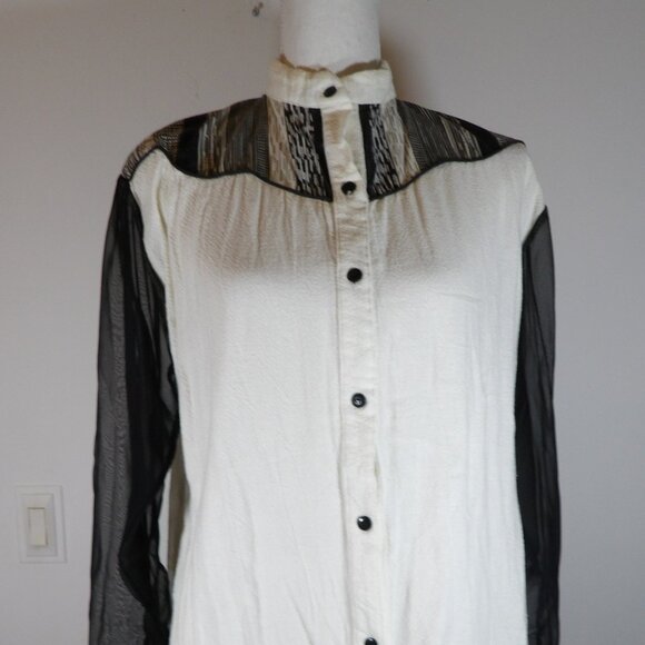 Vintage Women's Shirt Sas'sa Black and White with Sheer Black Sleeves L-XL - Picture 1 of 5